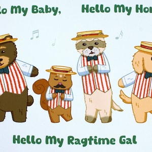 Barbershop Quartet Art Print / Cartoon Animals Singing / Kawaii Bear Squirrel Ferret Dog / Funny Mini Print / Journaling / Scrapbooking