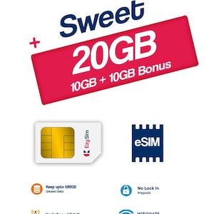 Puede incluir: Un anuncio de un plan de telefonía móvil Ezy Sim, el plan Sweet 20GB, por 15 € al mes durante 30 días. El plan incluye 10GB de datos y un bono de 10GB. El anuncio también muestra una tarjeta SIM física y una opción eSIM. Las características destacadas incluyen llamadas nacionales ilimitadas, mensajes de texto y MMS, hasta 500GB de datos no utilizados, cobertura de red Vodafone 5G/4G y llamadas WiFi/VoLTE.