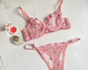 Pink Bra Set, Embroidered Lingerie Set, Bra and Panty Set, Sheer Bra Set, Heart Patterned Bra, Elegant Lingerie, Gift for her