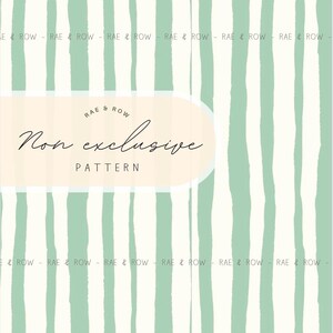 May include: A digital pattern design featuring vertical stripes in a soft green color against a cream background. The text "RAE & ROW" and "Non exclusive PATTERN" are displayed in a central oval shape.