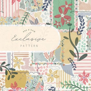 Puede incluir: Un diseño de patrón floral colorido con el texto "RAE & ROW Exclusive PATTERN". El diseño presenta varios elementos florales y de hojas en tonos de rosa, amarillo, verde y azul, dispuestos en un estilo patchwork.