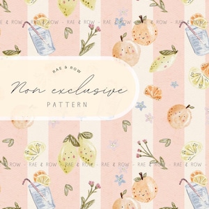 May include: A watercolour pattern with lemons, oranges, and cocktails on a pink and white striped background. The design includes the text "Rae & Row" and "Non exclusive PATTERN".