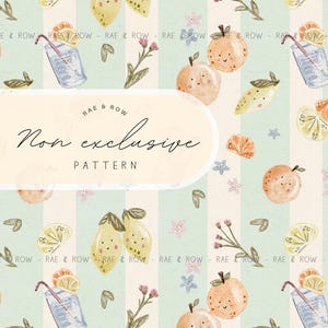 May include: Watercolor pattern featuring lemons, oranges, and cocktails on a striped background. The design includes the text "RAE & ROW" and "Non exclusive PATTERN". The color palette is soft, with pastel greens, oranges, and yellows.