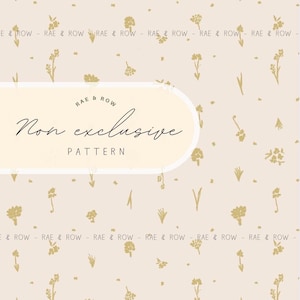 May include: A beige pattern with scattered gold floral and leaf illustrations. The text "RAE & ROW" and "Non exclusive PATTERN" are displayed in a white rounded rectangle.
