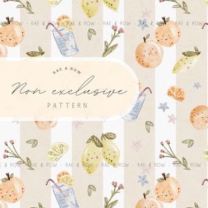 May include: Watercolor pattern featuring smiling lemons, oranges, and lemonade glasses with straws. The design includes floral elements and the text "RAE & ROW Non exclusive PATTERN" on a striped background.