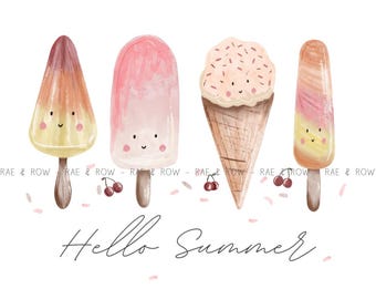 Hello Summer Watercolor PNG: Icecream print (Digital Download)