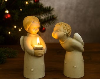 Juego de figuritas de ángeles de cerámica • Ángeles portavelas de 11 cm • Querubines navideños de estilo vintage • Dulce par de adornos navideños