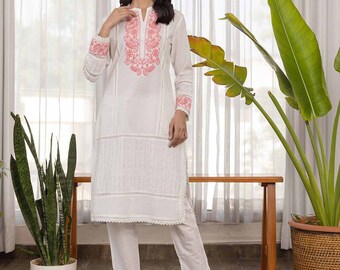 Subah embroidered schiffly kurta pant set of 2 | Super comfortable white Kurta for women | Readymade dress for women | Indian wear kurti .