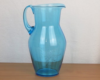 Sky Blue Glass Water Jug Pitcher with Simple Etched Floral Design