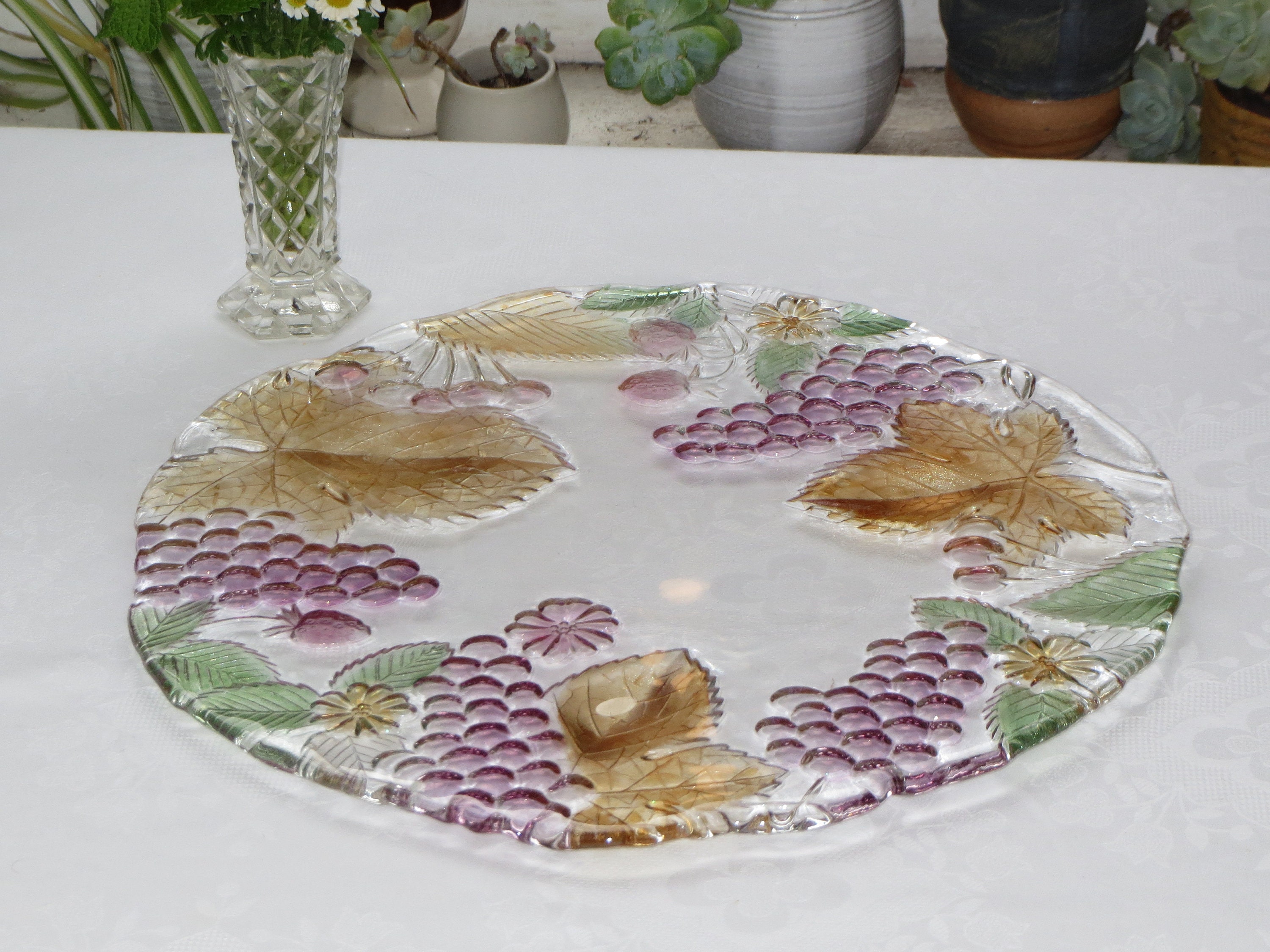 Vintage Mikasa Savoir Vivre glass 13" round Serving Platter with colourful Fruit Cornucopia design