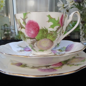 Queen Anne Bone China Tea Cup Trio with Dundee Thistle Pattern - 1950&#39;s
