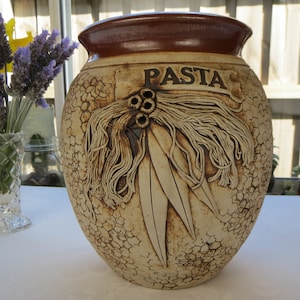 Handmade Wartook Pottery Pasta Canister with Gum Leaf Motif