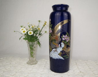 Kutani (unstamped) 9 3/4" cobalt blue Vase w/ Gold Pheasants & Peonies