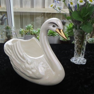 White Lustre Ware Swan Shaped Planter with Gold Highlights