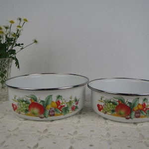 Round enamel nesting bowls w/ Summer Fruits pattern Set of 2, no lids