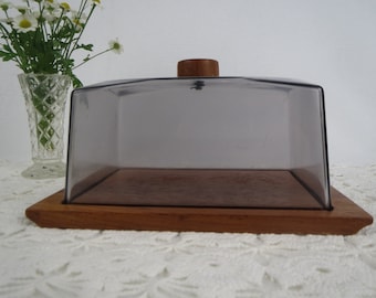 Danish Modern style Acrylic and Teak, Covered Cheese Board, Butter Dish