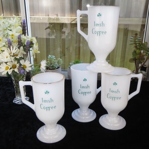 Milk Glass Irish Coffee Pedestal Mugs with Shamrock - Set of 4