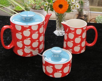 5 Piece Apple Patterned Ceramic Mozi Teapot, Sugar Pot and Creamer with Red, White and Blue Glaze
