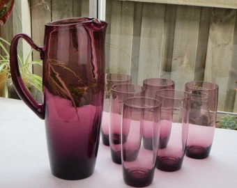 Hand Made Blown Mid Century Amethyst Water Jug Pitcher with 6 Matching Glasses