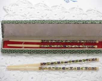 2 Pairs of Cloisonné Enamel Gold Chopsticks in Original Silk Brocade Case