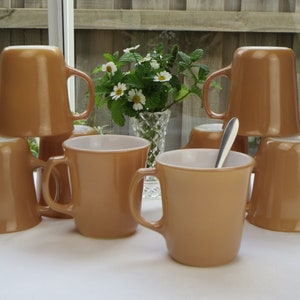Set of 4 (2 sets) of 1960's Pyrex Corning Almond Brown Coffee and Tea D Handled Mugs, made in the USA
