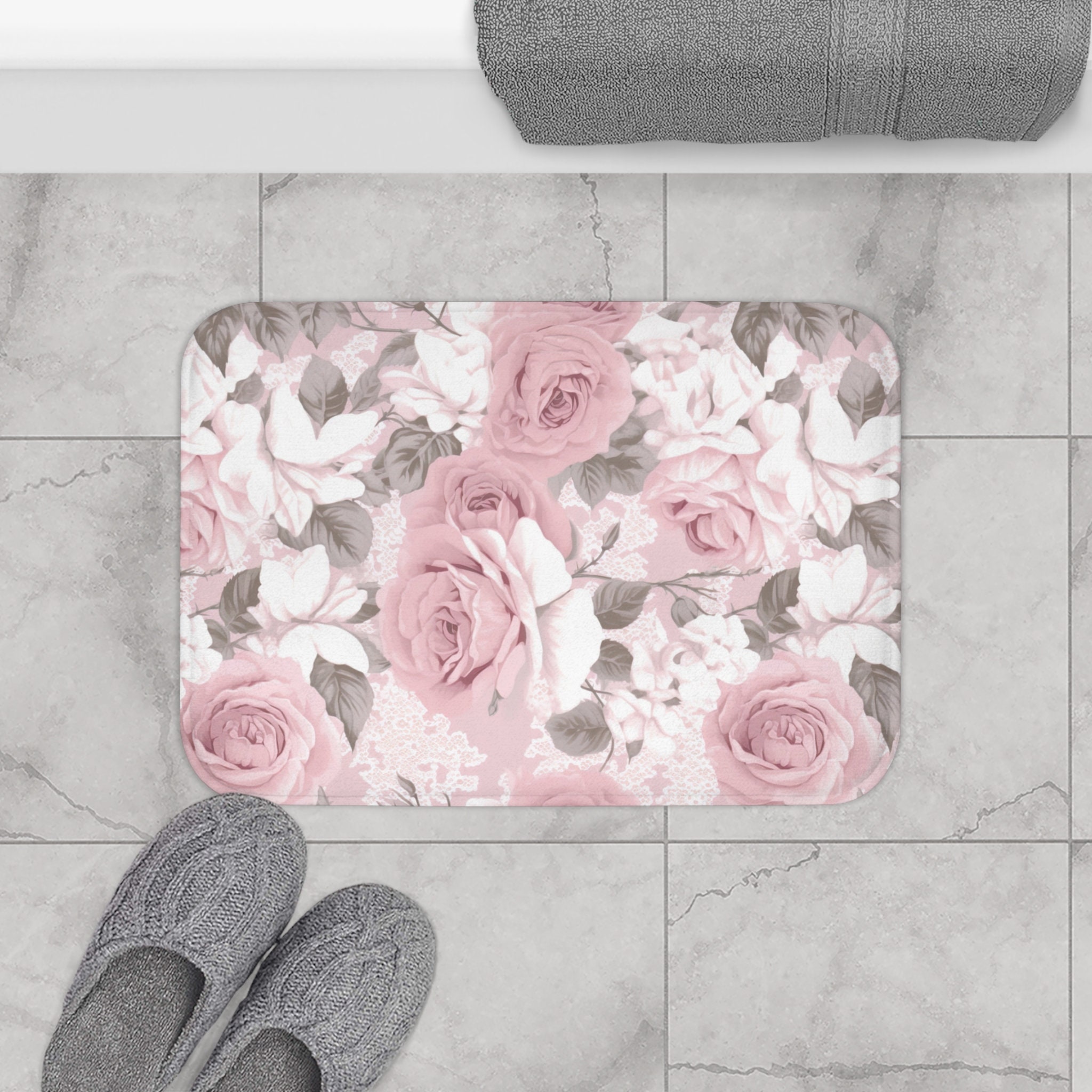 Copy of Shabby Chic Bath Mat, Coquette Decor, Pink Roses Bathroom Decor, Feminine Bathroom Decor