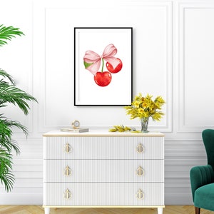 Decorazioni per la casa Coquette, fiocchi rosa e ciliegie, arte da parete con nastro, arredamento shabby chic, arredamento per camera da letto con fiocco, arte da parete pronta per incorniciare, poster arrotolati