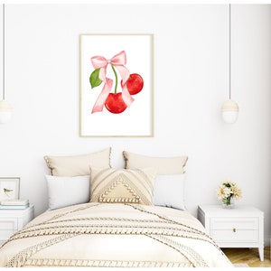 Decorazioni per la casa Coquette, fiocchi rosa e ciliegie, arte da parete con nastro, arredamento shabby chic, arredamento per camera da letto, arte da parete pronta per incorniciare, poster arrotolati