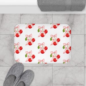 Coquette bows and cherries, matching shower curtain, coquette bathroom decor, shabby chic, spring decor, girls bathroom, feminine bath mat