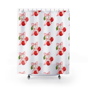 Coquette cherries and bows shower curtain, coquette bathroom decor, feminine bows and cherries, shabby chic shower curtain, girly bathroom