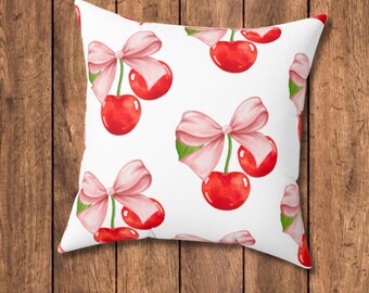 Shabby chic pillow, coquette decor, coquette bows and cherries pillow, bedroom decor, sofa pillow, pink feminine decor.