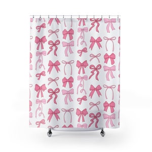 Coquette bows shower curtain, coquette bathroom decor, feminine bows and cherries, shabby chic shower curtain, girly bathroom