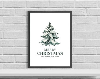 Snowy Merry Christmas Tree | Christmas Printable Wall Art | Poster Digital Download