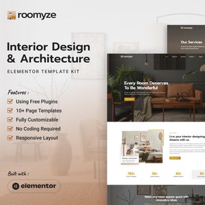 Könnte beinhalten: Website-Mockup für ein Innenarchitektur- und Architekturunternehmen namens Roomyze. Die Website hat einen dunkelgrauen Hintergrund mit einem braunen Ledersofa und einem Holztisch. Der Text "Every Room Deserves To Be Wonderful" wird in weißer Schrift auf schwarzem Hintergrund angezeigt. Die Website enthält auch einen Abschnitt über Dienstleistungen mit Bildern verschiedener Innenarchitekturprojekte.