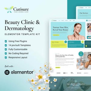Könnte beinhalten: Ein digitales Vorlagen-Kit für eine Website einer Schönheitsklinik und Dermatologie mit dem Titel Cutisure Pure Derma Care. Das Layout zeigt Text, Webseiten-Vorschauen und weiße Blumengrafiken auf einem hellblauen Hintergrund.