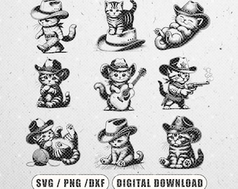 Vintage cowboy kat SVG, westerse clipartbundel (digitaal bestand)