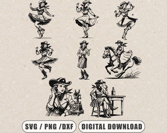 Retro Cowgirl Clipart Bundle, Vintage Western SVG PNG (Digital Download)