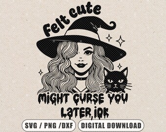 May include: Black and white digital illustration of a witch with a pointed hat and a black cat. The text "Felt cute might curse you later, iok" is written below the image.