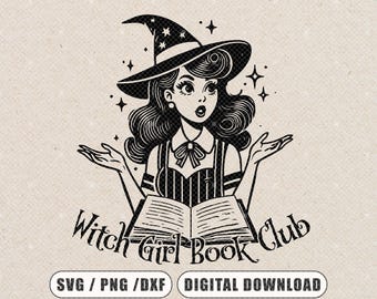 魔女ガールブッククラブ SVG、ハロウィーンの不気味なデザイン（デジタルダウンロード）