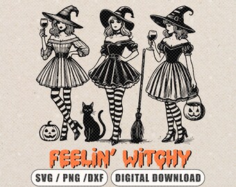 May include: A black and white digital illustration featuring three witches in hats and striped stockings, a black cat, a broom, and two jack-o'-lanterns. The orange text reads "FEELIN' WITCHY" above "SVG / PNG / DXF" and "DIGITAL DOWNLOAD" labels.