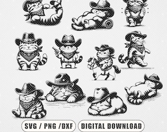 Vintage cowboy kat SVG, western Kitty clipart (digitaal bestand)