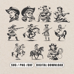 Pacchetto Clipart Cowgirl retrò, Cowgirl retrò svg png, Cowgirl vintage, sublimazione cowboy retrò, cowboy retrò, regalo per la mamma, Cowgirl country retrò