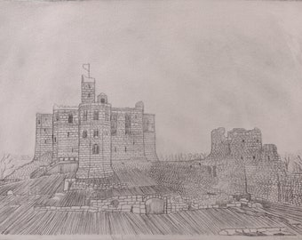 Warkworth Castle, original drypoint