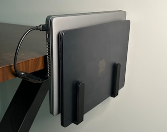 Kundenspezifischer doppelter vertikaler Laptophalter, doppelte vertikale Macbook-Halterung, doppelter unter dem Schreibtisch montierter Notebookständer, Macbook-Halterung