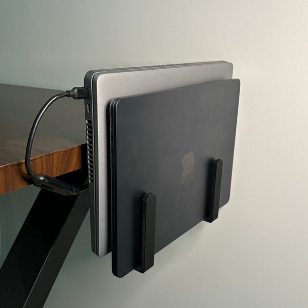 Supporto per laptop verticale doppio su misura, supporto per MacBook verticale doppio, supporto per notebook doppio montato sotto la scrivania, supporto per MacBook