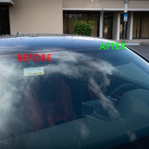 May include: Before and after image of a car windshield. The left side of the windshield shows streaks and water spots. The right side of the windshield is clean and clear. The words "Before" and "After" are written on the image.