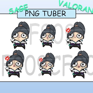 May include: Six digital illustrations of a cartoon character with black hair, wearing a white and purple outfit, holding a knife. The character has different facial expressions, including surprised, angry, and neutral.