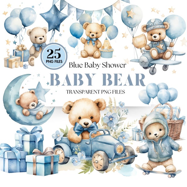 Doux bébé garçon, ensemble de cliparts bleu ours en peluche - aquarelles pour baby shower, art numérique PNG de haute qualité