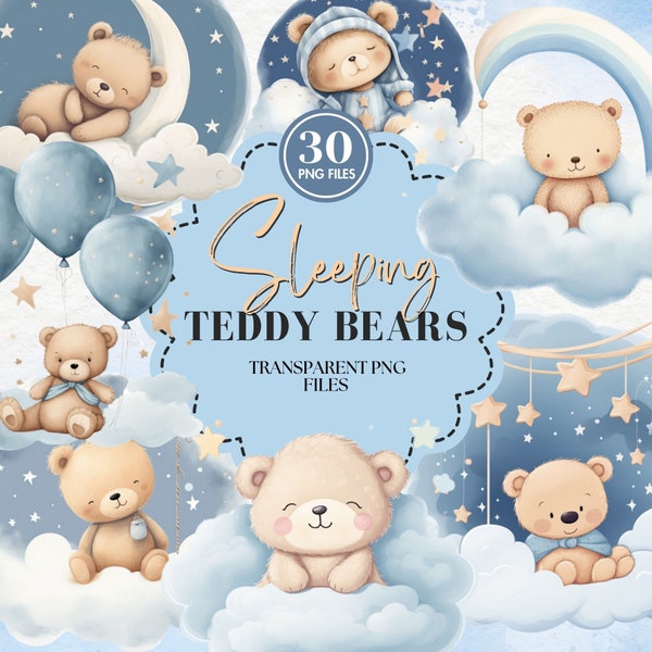 Watercolor Sleeping Blue Teddy Bear Clipart | 30 PNG Sleepy Teddy Images | Boy Baby Shower Graphics | Newborn Nursery Digital Art