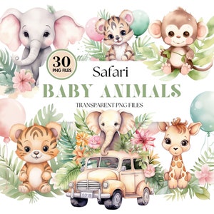 Adorable Watercolor Safari Baby Jungle Animals, Safari Clipart, Boho Safari Party Decorations, African Safari Art, Digital PNG Graphics Set
